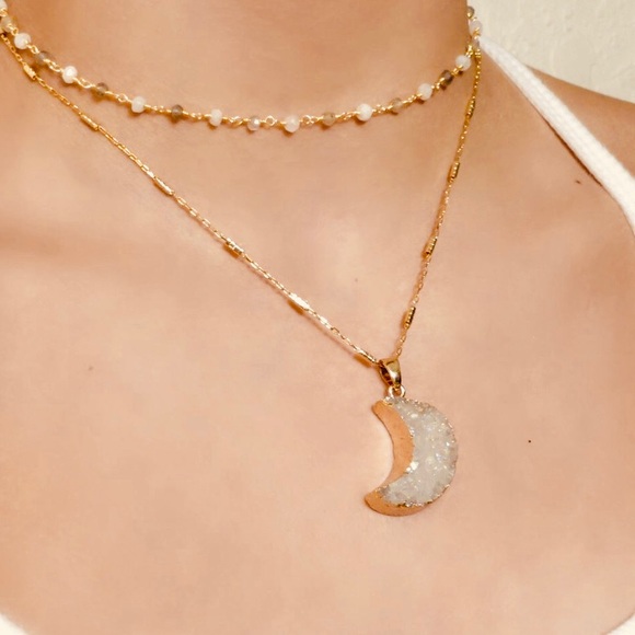 Gold Crescent Moon Druzy Pendant Geode Necklace - Picture 2 of 8
